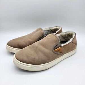 OluKai Pehuea Heu Slip On Shoes Tan Leather wool Shearling lined Sneakers Womens